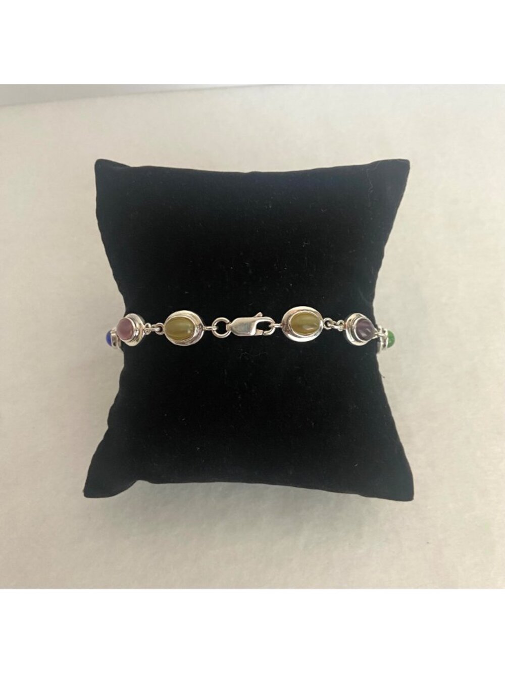 Sterling Silver 925 Multi Colored Oval Cats Eye Link Station Bracelet Sz 7.75" - Picture 5 of 16